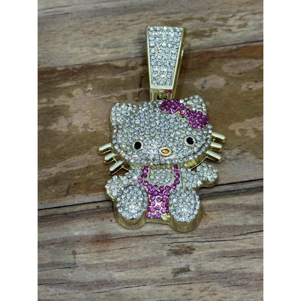 Iced Out Hello Kitty Full Body Pendant – 14K Gold Plated Simulated Diamond Charm